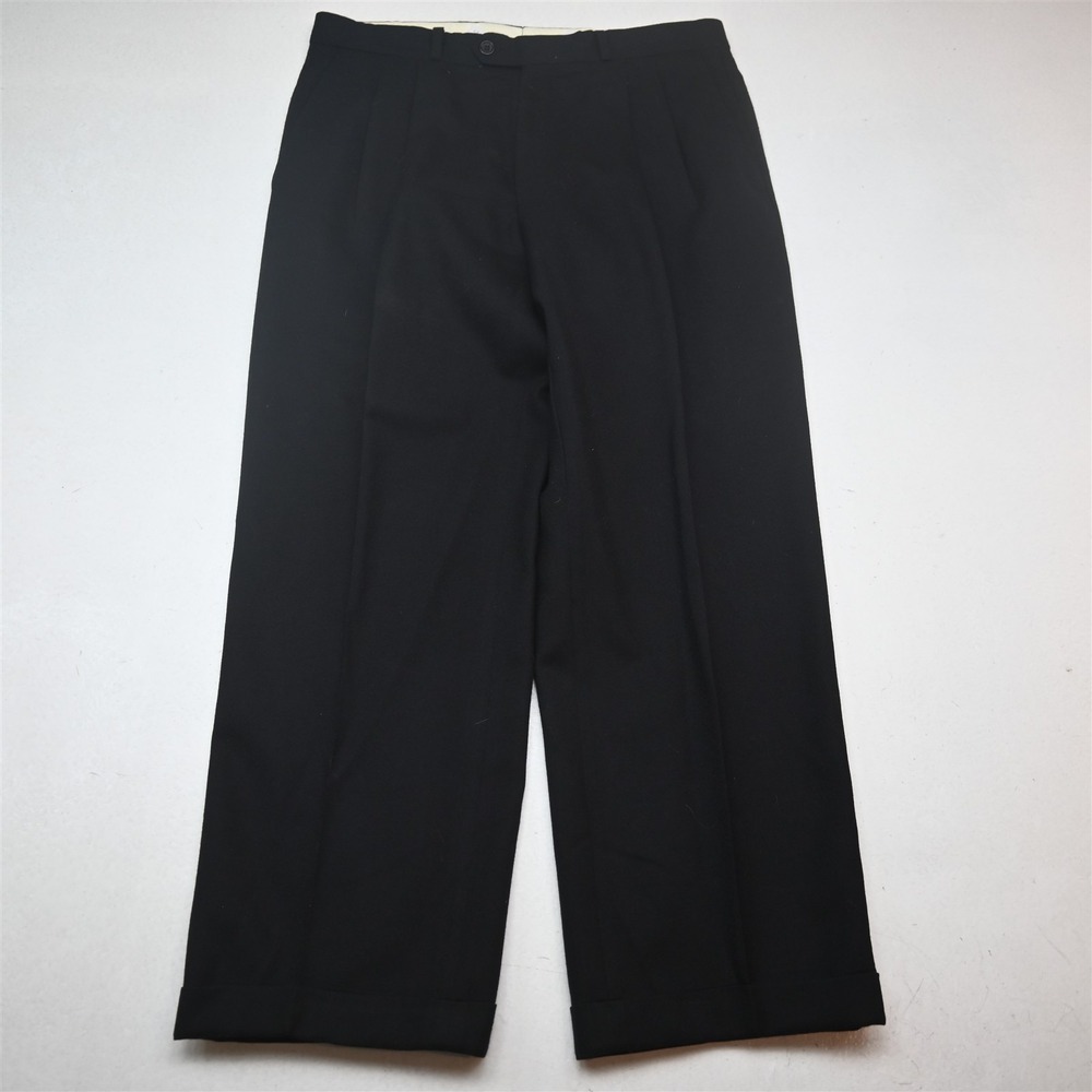 Vtg Bespoke 32x29 Black Flannel Wool Pleated Cuffed Baggy Dress Mens Pants